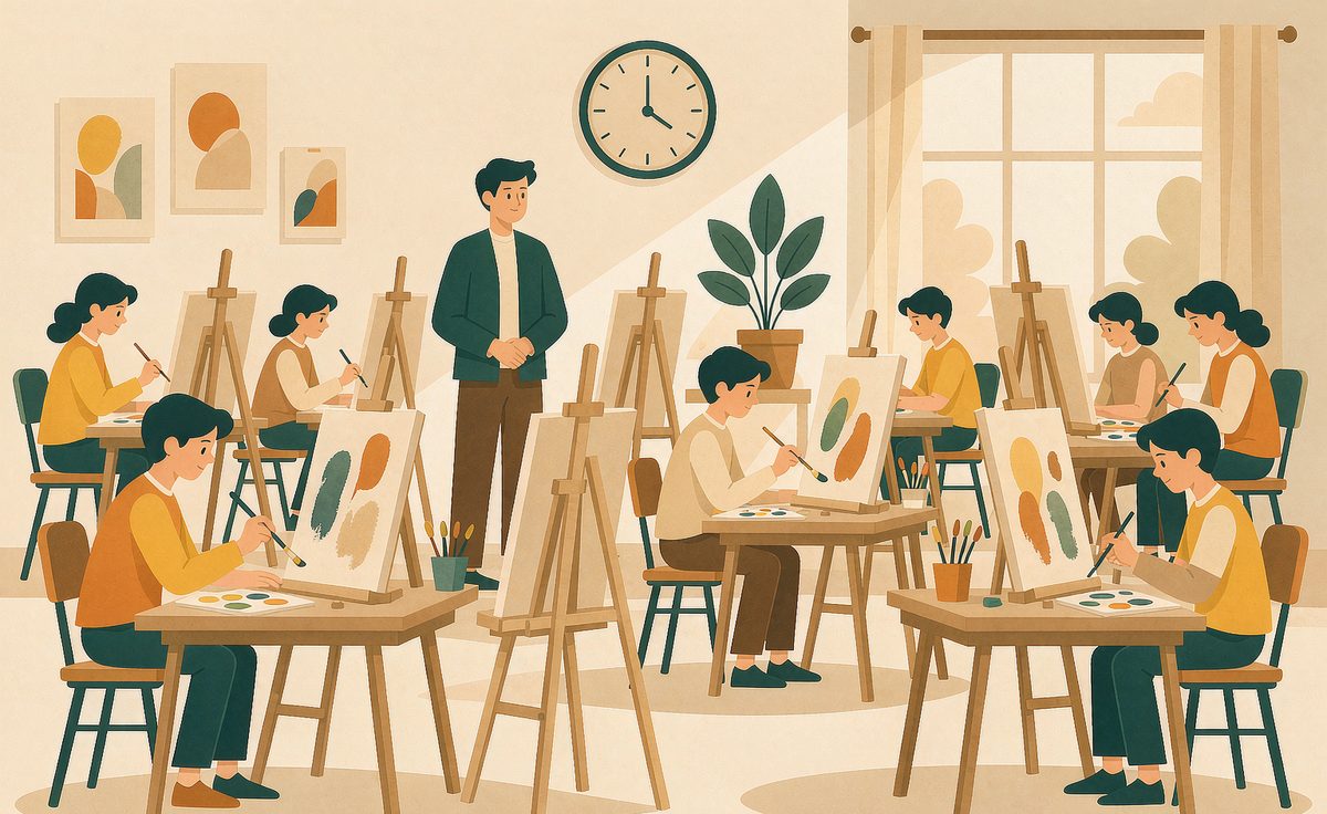 美术统考考场，学生列队作画、监考老师在场，各省统考科目与分值