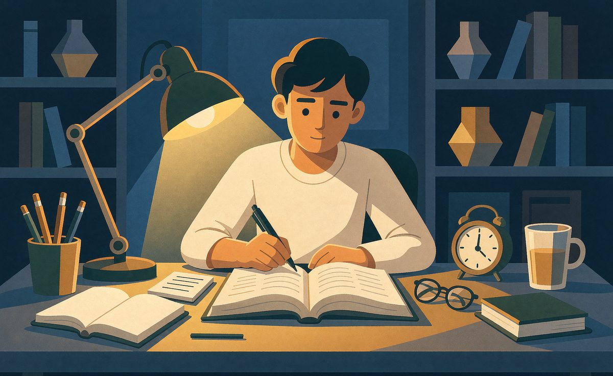 艺术类志愿填报研究场景，台灯下在书桌前翻阅招生批次与填报参考书
