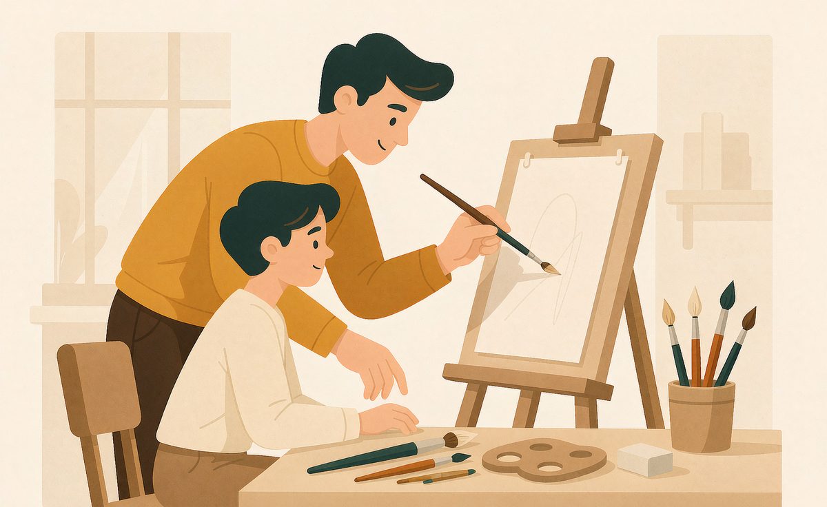 画室老师一对一改画，俯身示范并讲解作业问题